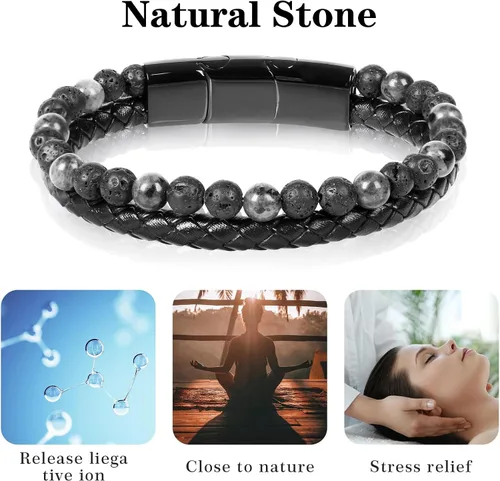 Vista 4 de Desiroman Pulseras de cuentas y cuero para hombre, con ojo de tigre, piedra de lava, para hombres y mujeres, con cierre magnético de acero