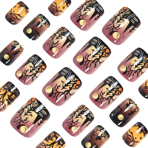 Vista 2 de Uñas postizas a presión para Halloween, cuadradas, cortas, con diseños de bosque lunar, uñas postizas con pegamento oscuro brillante en las uñas