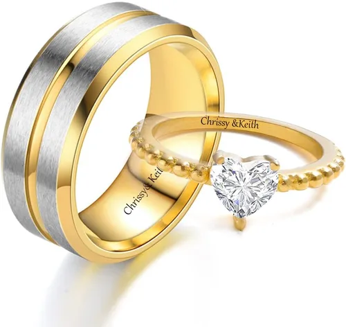 Vista 8 de Anillos de compromiso personalizados a juego para parejas, juego de anillos de boda de acero inoxidable dorado para él y ella, anillos de pareja