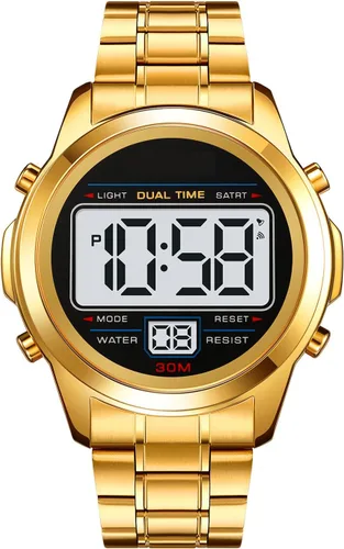 Vista 2 de PASOY Men's Digital Gold Watch Unisex Backlit Multifunction Stopwatch Alarm Waterproof Sport Women Watches Braided Bracelet Stainless Steel Black