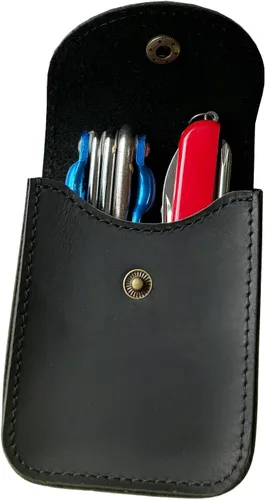 Vista 4 de Funda de cuero genuino, caja de cartas de juego de una sola cubierta, bolsa de cuero multiusos con clip para cinturón para llevar tarjetas Negro