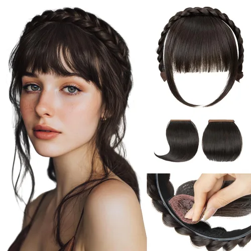 Vista 10 de SARLA Diadema trenzada con 3 flequillos desmontables con clips, extensiones de cabello con flequillo para mujer, banda de cabello sintética falsa