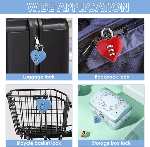 Vista 5 de 3 cerraduras pequeñas en forma de corazón, bonita cerradura de combinación para mujeres y niñas, seguridad sin llave para mochilas, taquillas