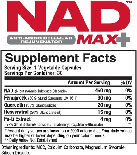 Vista 2 de Metabolic Nutrition NAD MAX Plus+ 450 mg de NAD + fenogreco, quercetina, resveratrol y extracto de Fo-ti para rejuvenecimiento celular