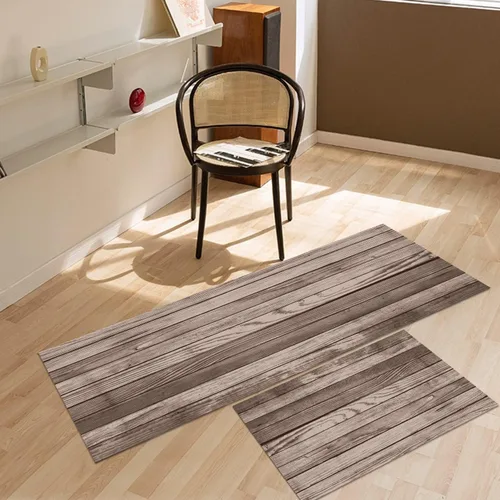 Vista 6 de GUBIYU Juego de 2 alfombras y tapetes de cocina de madera campestre, lavables, rústicas, tablones de madera marrón, alfombras de baño