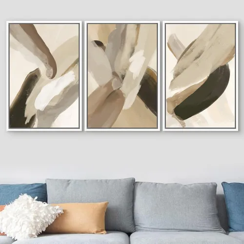 Vista 15 de SIGNFORD - Set de obras de arte en lienzo enmarcado para pared, ilustraciones abstractas de neblina del desierto en tonos neutros beige y marrón