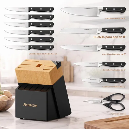 Vista 7 de Astercook Juego de cuchillos de cocina de espiga completa con bloque y Negro