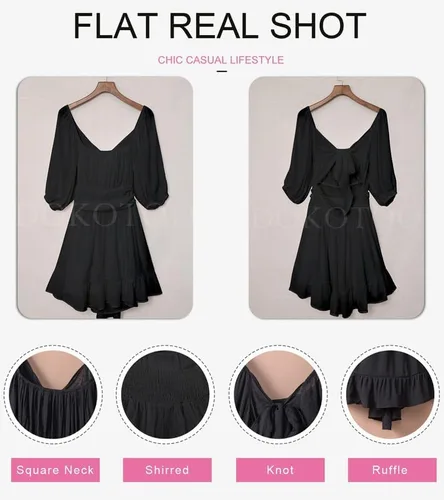 Vista 5 de Dokotoo Womens Summer Dresses Square Neck Tie Back Lantern Sleeve Ruffle A-Line Casual Dress