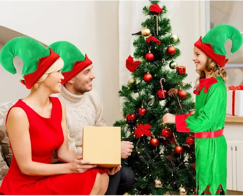 Vista 7 de Girls Women Christmas Elf Costume Set Santa's Helper Costume Xmas Festive Outfit with Elf Hat Shoes Belt Striped Stockings