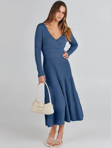 Vista 9 de ANRABESS Vestido midi cruzado tipo suéter para mujer, manga larga, cuello en V, cintura alta, acanalado, plisado, vestido acampanado