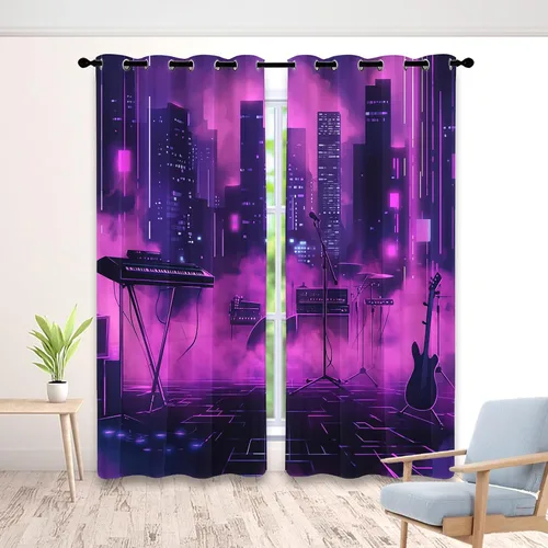 Vista 8 de Cyberpunk - Cortinas para dormitorio, cortinas retro de los años 80, 54 pulgadas de largo para sala de estar, cortinas opacas de ciudad rosa y Rosa