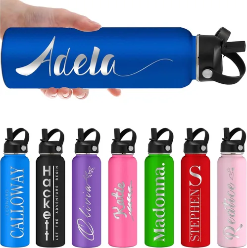 Vista 10 de Botellas de agua personalizadas con tapa de pajilla, botella de agua personalizada de 24 onzas, botella de agua aislada con grabado láser con Morado