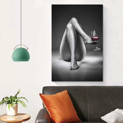 Vista 4 de Impresiones en lienzo con diseño de mujer desnuda, pintura de copa de vino en blanco y negro, póster de chica sexy, arte de pared, cuadro moderno