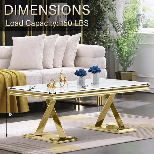 Vista 12 de ACEDÉCOR Mesa de centro dorada, mesa central de lujo para sala de estar con mesa blanca y base en X pulida dorada, mesa de té rectangular para sala