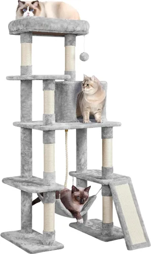 Vista 8 de Yaheetech - Torre de árbol para gatos grandes, condominio de varios niveles y hamaca de 54 pulgadas Beige