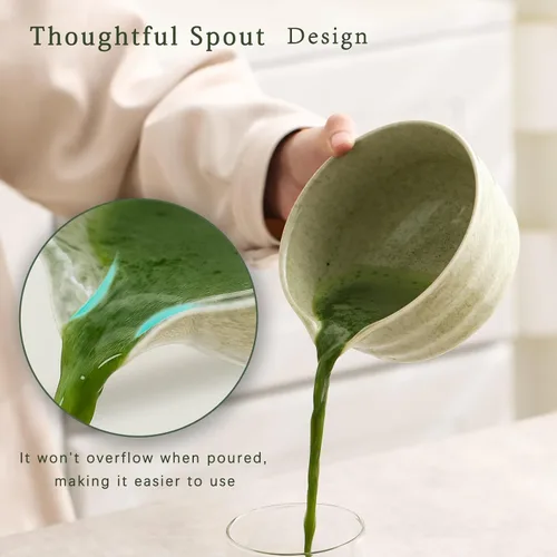 Vista 4 de Ochcahser Set de Té Matcha Japonés, Tazón de Matcha con Pico y Base, Batidor de Matcha con Soporte, Colador, Cuchara, Cucharón, Cepillo de Limpieza