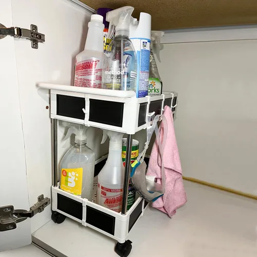Vista 7 de NUNET Organizador debajo del fregadero con ruedas de bloqueo y asa de 2/3/4 niveles ajustable pequeño carrito rodante para almacenamiento, carrito