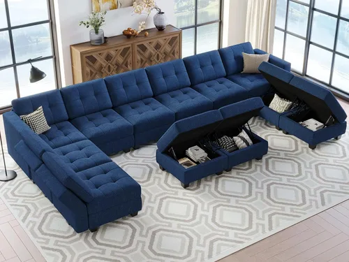 Vista 4 de Belffin Sofá modular modular en forma de U con asientos de almacenamiento, sofá seccional convertible con diván reversible, color azul