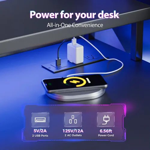 Vista 4 de Mericonia Escritorio para juegos con tomas de corriente y luces LED, escritorio reversible para computadora con soporte para caja de PC, cajones