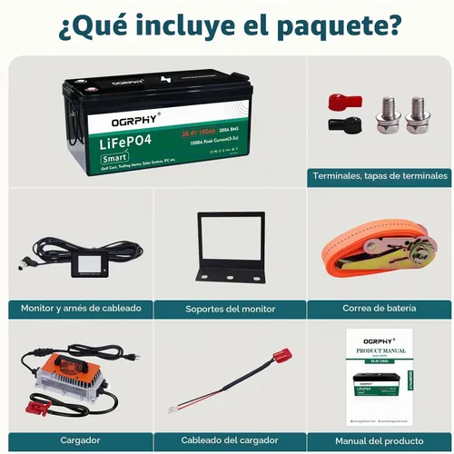 Vista 7 de OGRPHY Batería de litio de 36 V con cargador y monitor LCD, batería de litio para carrito de golf de 36 V 100 AH con BMS de 200 A, salida de 7.68