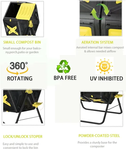 Vista 3 de Contenedor de compost giratorio de 18.5 galones de material libre de BPA – Compostadores de una sola cámara giratoria para exteriores, con sistema