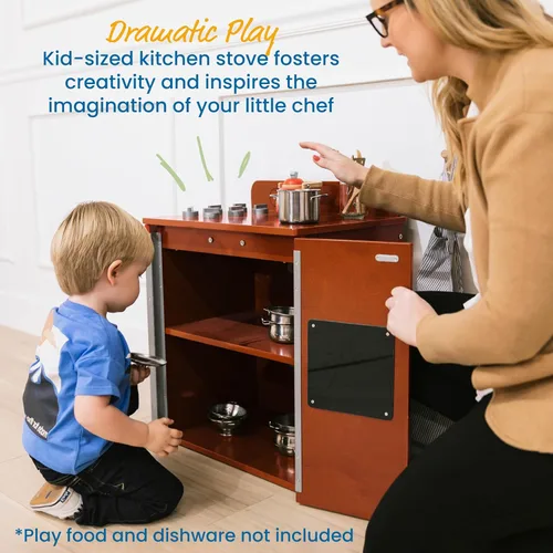 Vista 3 de ECR4Kids Estufa de Cocina de Juguete, Set de Juego de Madera, Nogal Oscuro