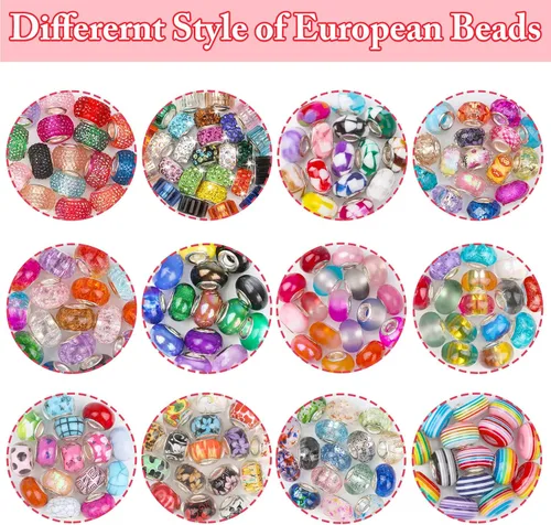 Vista 2 de Cludoo Cuentas de vidrio de agujero grande para hacer joyas, 224 cuentas europeas a granel de colores mezclados con diamantes de imitación, cuentas