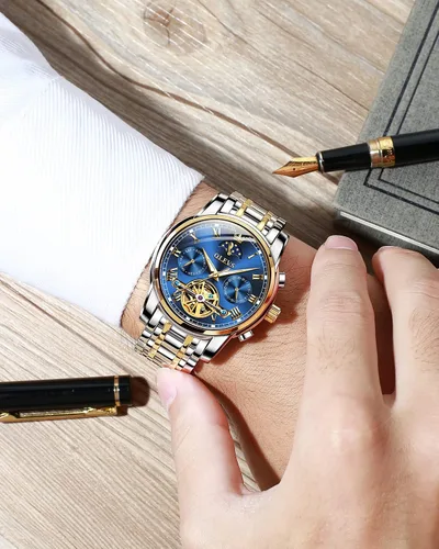 Vista 5 de OLEVS Relojes automáticos para hombre diseño de esqueleto Tourbillon cuerda automática reloj de pulsera de lujo fase lunar fecha impermeable