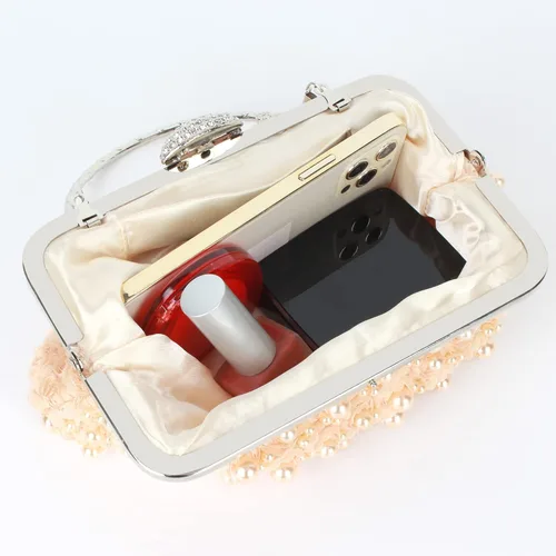 Vista 4 de Women Mini False Pearls Evening Handbag Clutch Metal Top-handle Bag Chain Strap Cross-body Bag