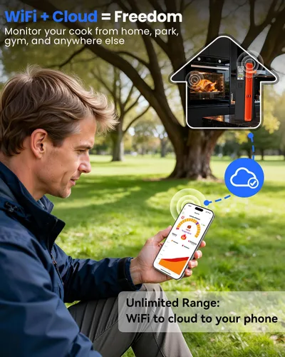 Vista 4 de PROGRACE Termómetro inalámbrico Bluetooth inteligente para carne: base independiente, rango ilimitado WiFi, 6 sensores con precisión certificada