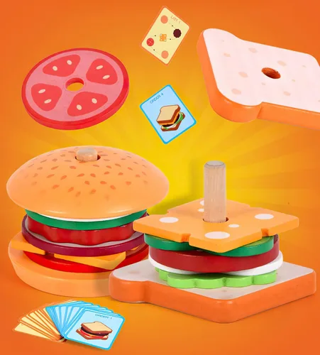 Vista 7 de Juguetes de hamburguesas de madera para apilar para niños, alimentos de juego Montessori para niños pequeños, juguetes educativos para niños de más