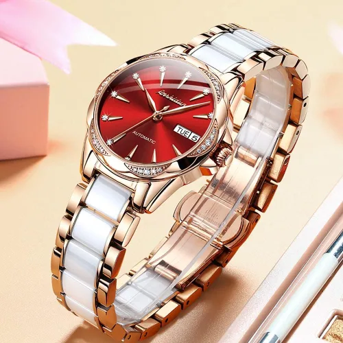 Vista 8 de Reloj automático de cerámica de acero inoxidable para mujer reloj mecánico de 984ft impermeable oro rosa elegante para mujer esfera de concha