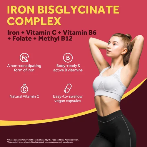 Vista 3 de Doctor's Recipes Suplemento de hierro para mujeres y hombres – Bisglicinato de hierro suave con vitamina C, B6, folato y B12, pastillas de hierro