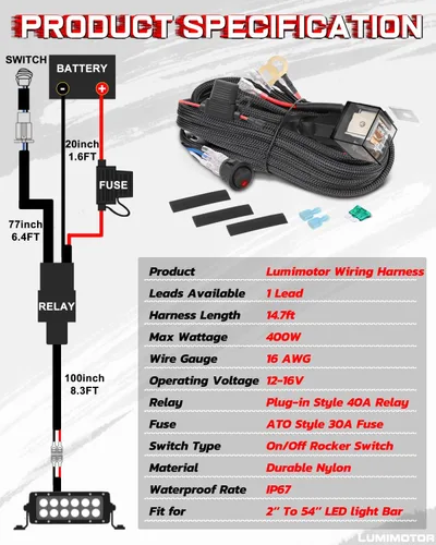 Vista 2 de Arnés de cableado de 1 conductor, barra de luz LED, kit de arnés de cableado con interruptor de roca para luces antiniebla LED, barra de luz LED