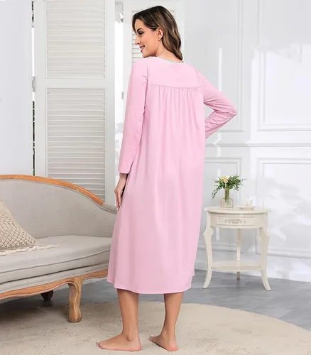 Vista 7 de Camisones largos de algodón para mujer, 100% algodón, vestido de noche de manga larga para mujer, ropa de dormir vintage A rosa