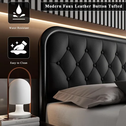 Vista 4 de Feonase Marco de cama tamaño completo, marco de cama resistente con cabecera de piel sintética, cama de plataforma tapizada con listones de metal
