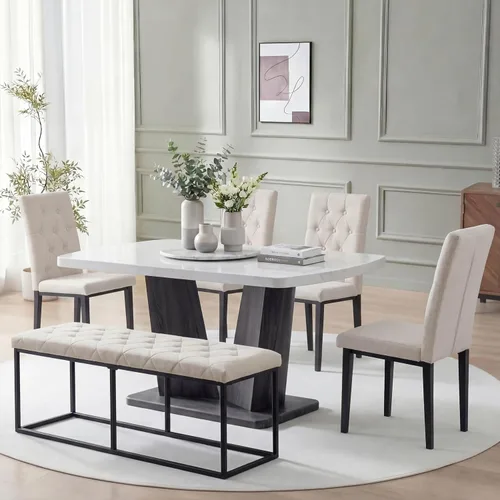 Vista 22 de Juego de mesa de comedor para 6, juego de mesa de comedor de mármol para 6, juego de 6 sillas de mesa de cocina con base de madera, juego de mesa