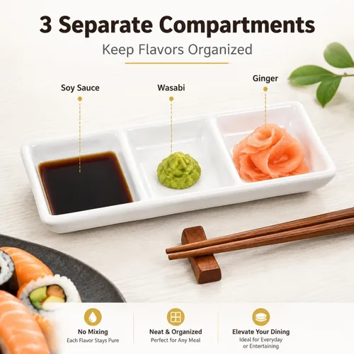 Vista 5 de Healeved Juego de 2 bandejas de cerámica para servir aperitivos, 3 compartimentos, platos divididos rectangulares para salsa de soja, condimentos