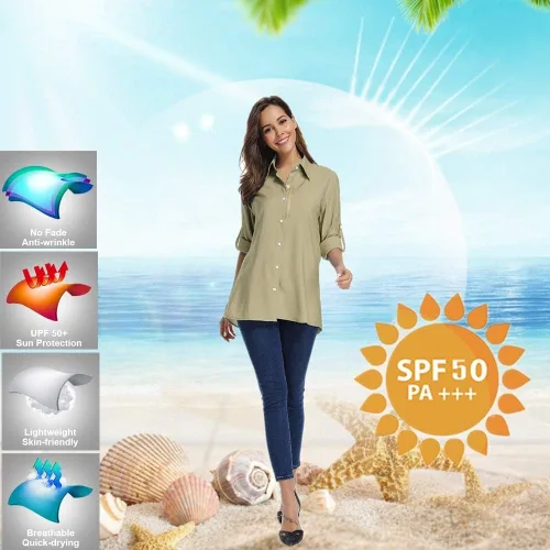 Vista 5 de Camisa de protección solar de manga larga UPF 50 para mujer, de secado rápido, para pesca, senderismo, viajes, camiseta