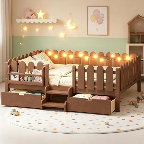 Vista 25 de Bellemave Cama Montessori completa con escaleras y cajones de Escaleras marrones