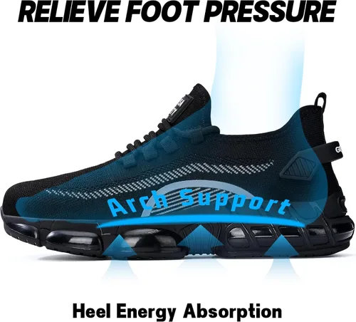 Vista 4 de BAIYIJIA Zapatos de punta de acero para hombre, zapatos de trabajo antideslizantes para construcción con amortiguación de aire, zapatos