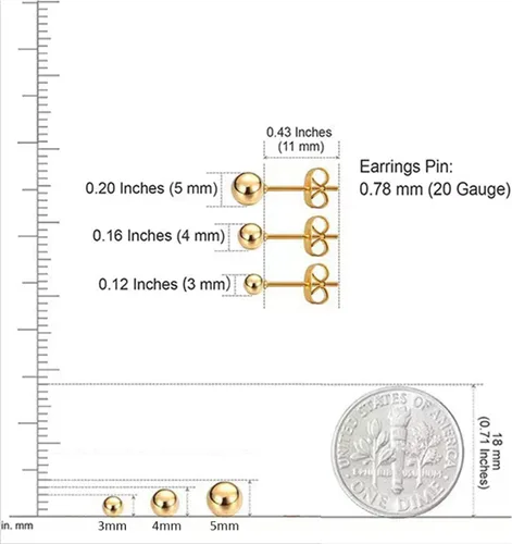 Vista 2 de Aretes de bola de titanio, hipoalergénicos, para mujeres y hombres, orejas sensibles, color negro, 0.118 in, 0.157 in, 0.197 in, parte trasera