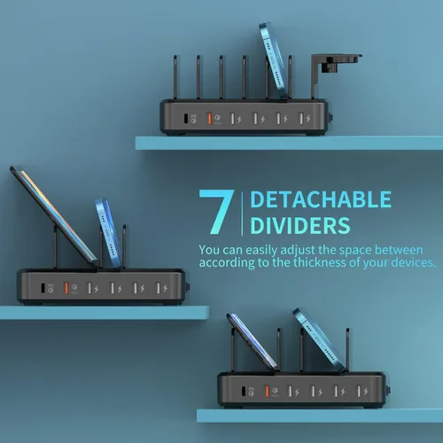 Vista 7 de Estación de carga para múltiples dispositivos, estación de carga USB de 68W y 6 puertos con carga rápida USB-C PD de 20W, 8 cables compatibles