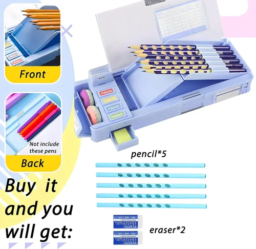 Vista 3 de Estuche de Lápices Multifuncional Pop Up con Lápiz y Borrador, Linda Caja Organizadora de Bolígrafos de Dibujos Animados, Papelería, Sacapuntas