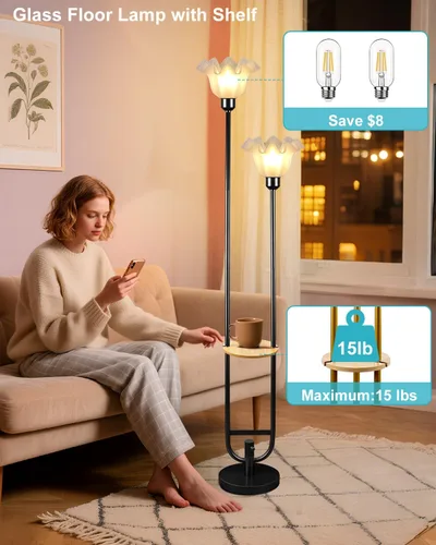Vista 6 de Lámparas de Pie Regulables de Flores con Mesa, Lámpara de Pie Floral de 2 Luces, 3000K Blanco Cálido Estilo Candelabro Lámpara de Pie Moderna