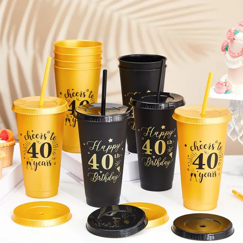Vista 4 de Uiifan 12 vasos de plástico de plástico con tapa y popote de 24 onzas para cumpleaños, cumpleaños, bodas, aniversarios, decoración (40º)