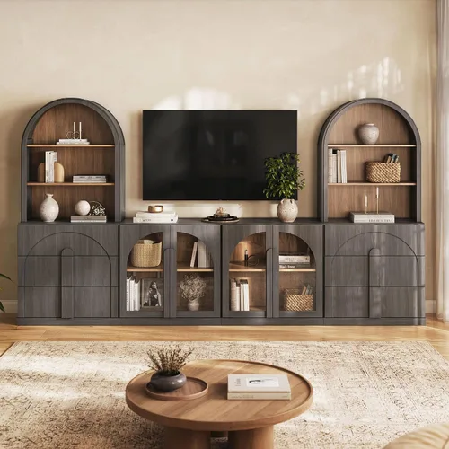 Vista 52 de BELLEZE Centro de entretenimiento modular de 4 piezas con almacenamiento, 2 vitrinas de madera moderna con gabinete arqueado y 2 armarios de puerta