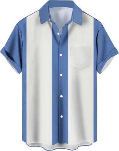 Vista 6 de Camisas de bolos para hombre, estilo vintage de los años 50, a rayas, con botones, camisa de campamento de guayabera cubana 2026, tops tropicales