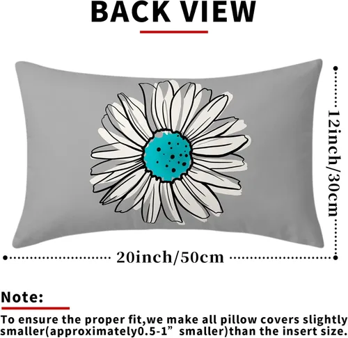 Vista 3 de Juego de 2 fundas de almohada de margaritas turquesa de 12 x 20 pulgadas, fundas de almohada florales de madera floral moderna abstracta de flores