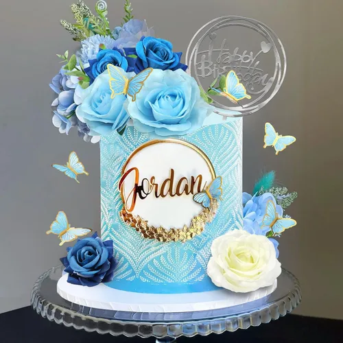 Vista 5 de 19 piezas de decoración de mariposa para pasteles, decoración de feliz cumpleaños con rosas artificiales azules, mariposas de eucalipto, suministros